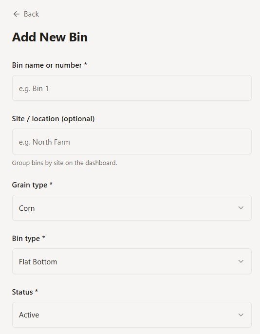 BinLedger add new bin form with name, site, grain type, bin type, and status fields