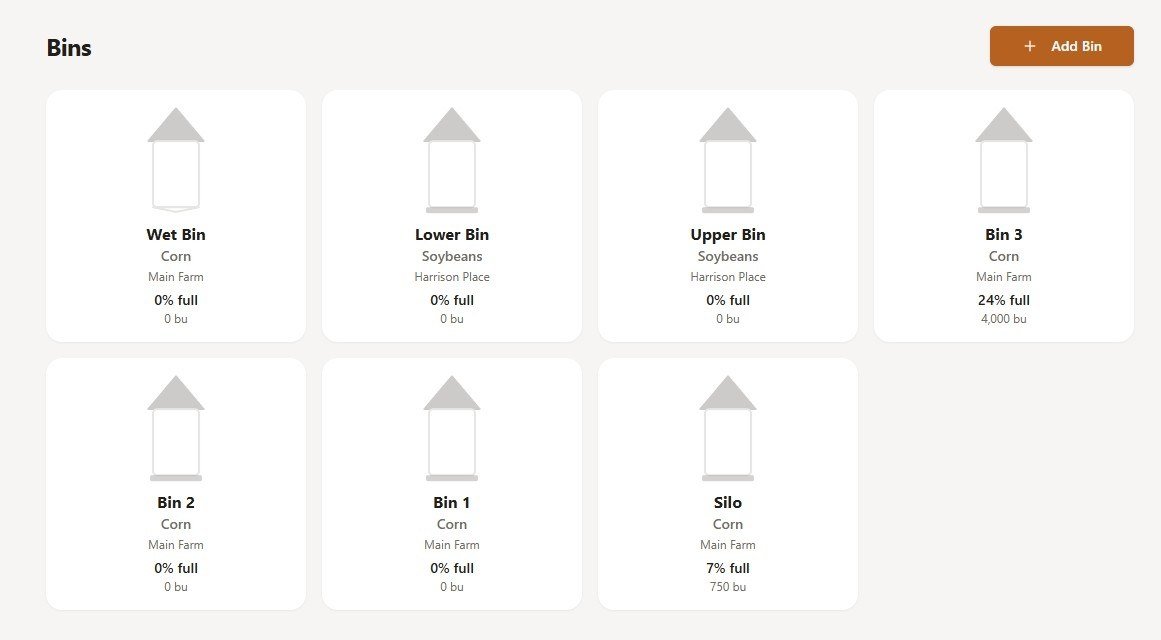 BinLedger bins overview showing seven bins with grain type and fill percentage