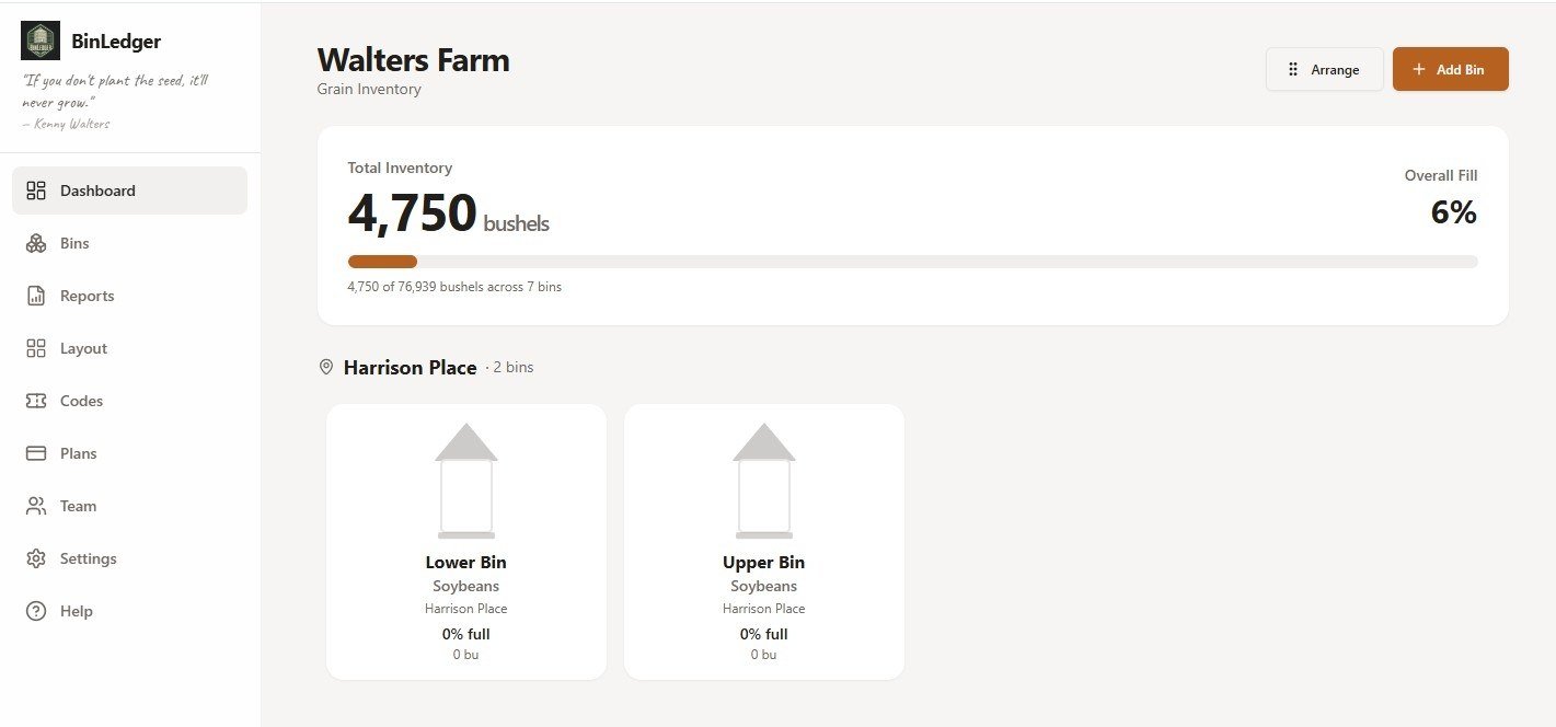 BinLedger dashboard showing total inventory, overall fill percentage, and bin cards grouped by farm site